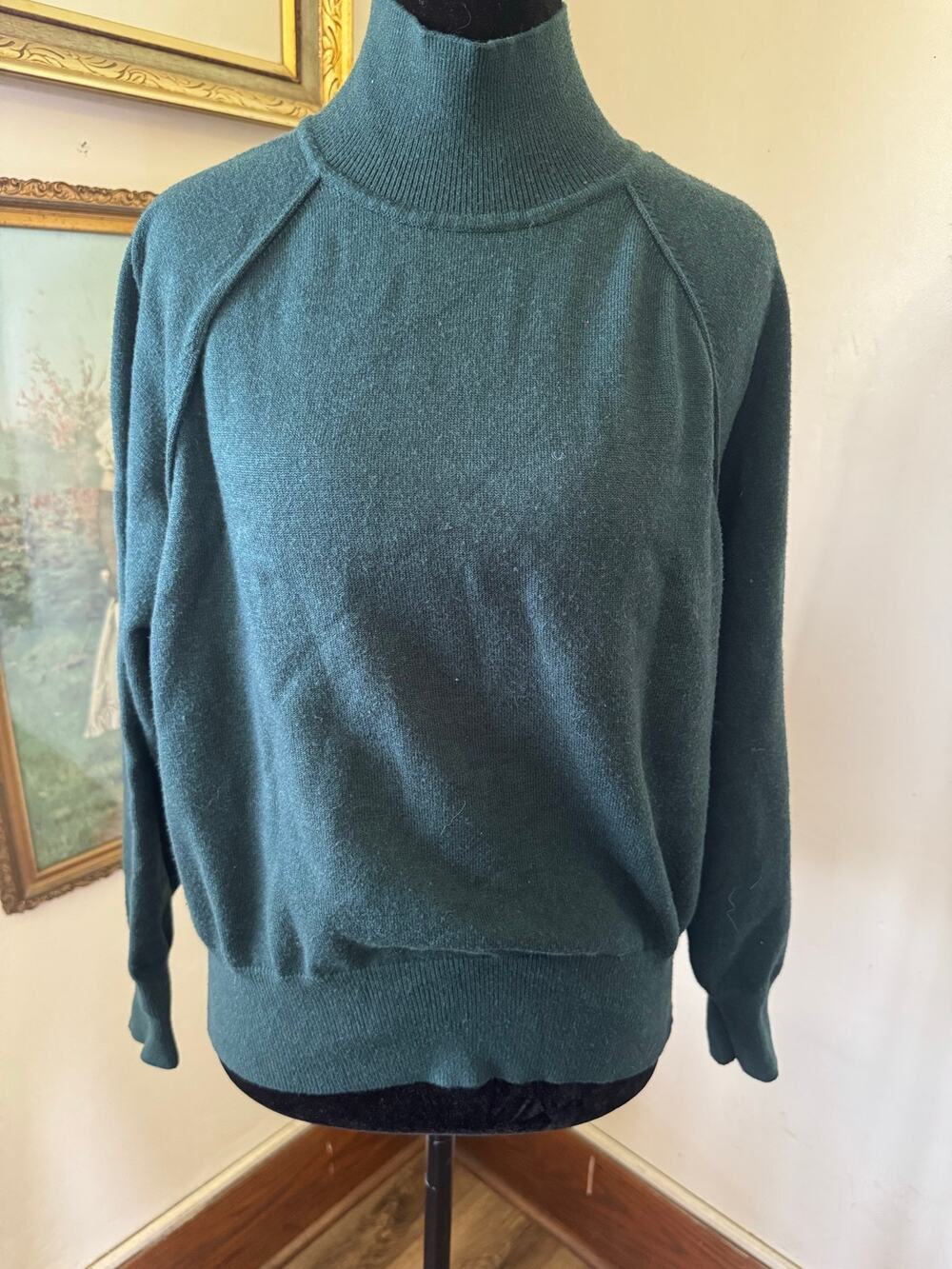 Marled Forest Green Mock Neck Sweater Large Soft Knit Dark Academia